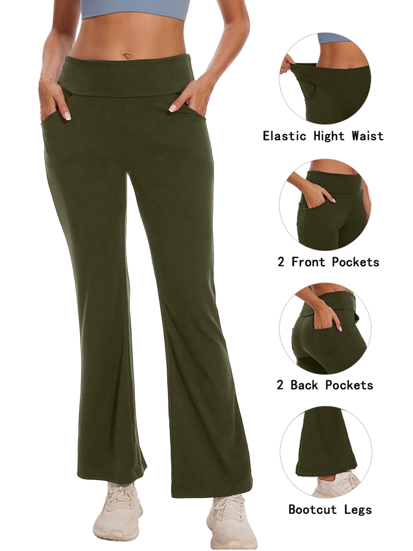 Womens Bootcut Yoga Pants with Pockets Flare Workout Legging High Waist Bootleg Bottoms Activewear Green 3XL