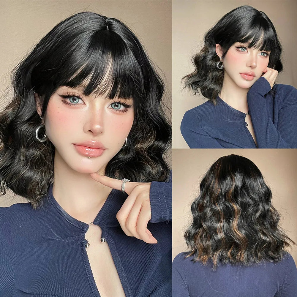 Brown Curly Synthetic Wig Short Wavy Bob Ombre Wigs Platinum Highlight Wig Daily Party Wig for Women Heat Resistant Wig
