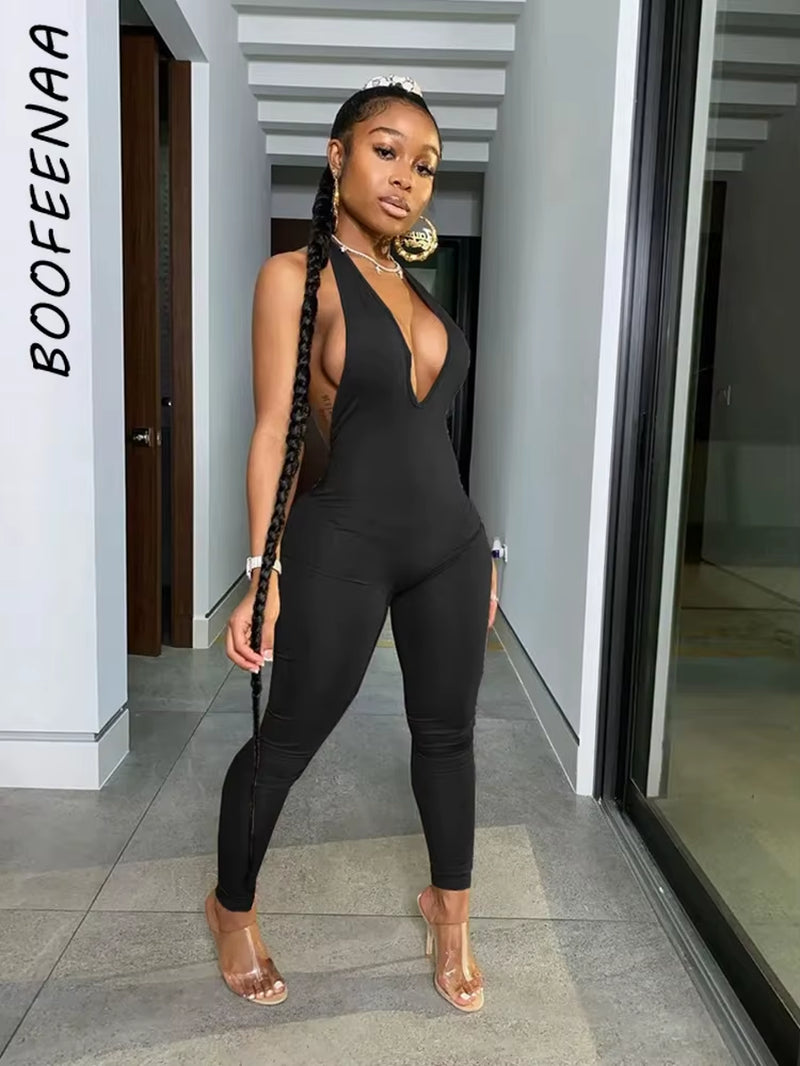 Backless Halter Deep V Neck Bodycon Jumpsuit Women Rompers Sexy Club Jumpsuits Sporty One Piece Outfits C87-BB20