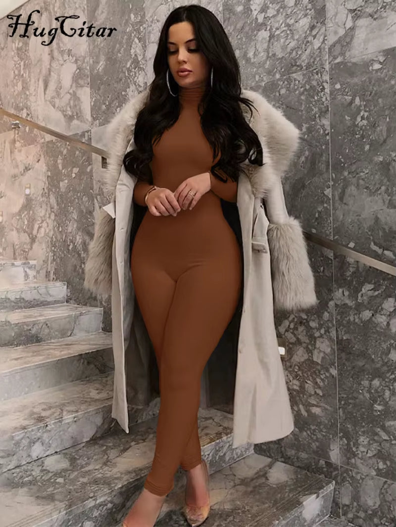 Long Sleeve Solid Turtleneck Skinny Bodycon Jumpsuit Autumn Winter Women Fashion Streetwear Casual Romper
