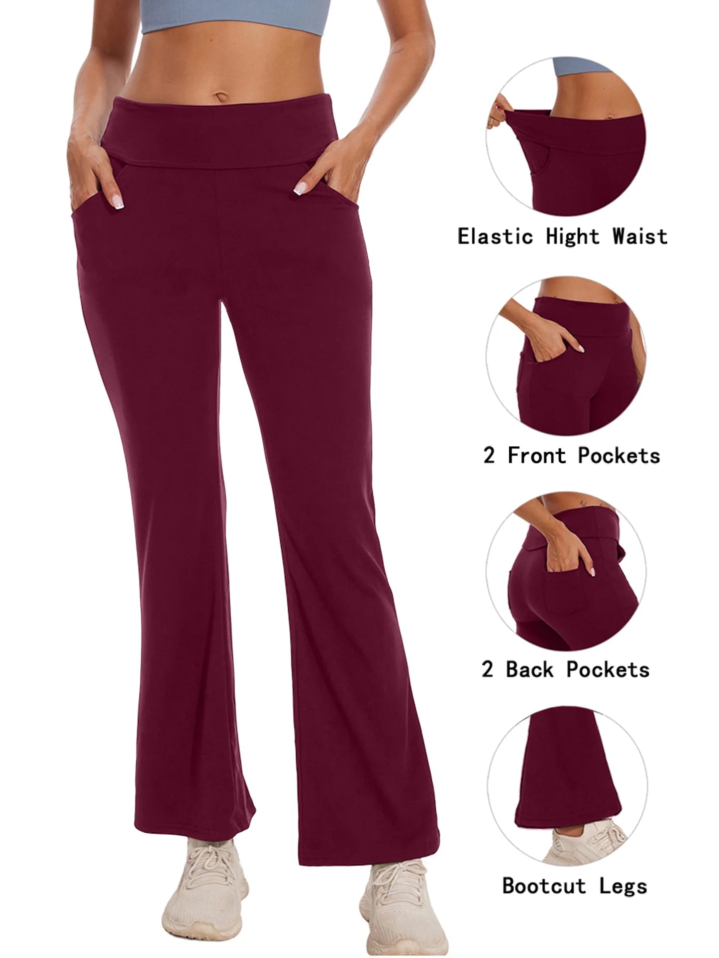 Womens Bootcut Yoga Pants with Pockets Flare Workout Legging High Waist Bootleg Bottoms Activewear Dark Red L