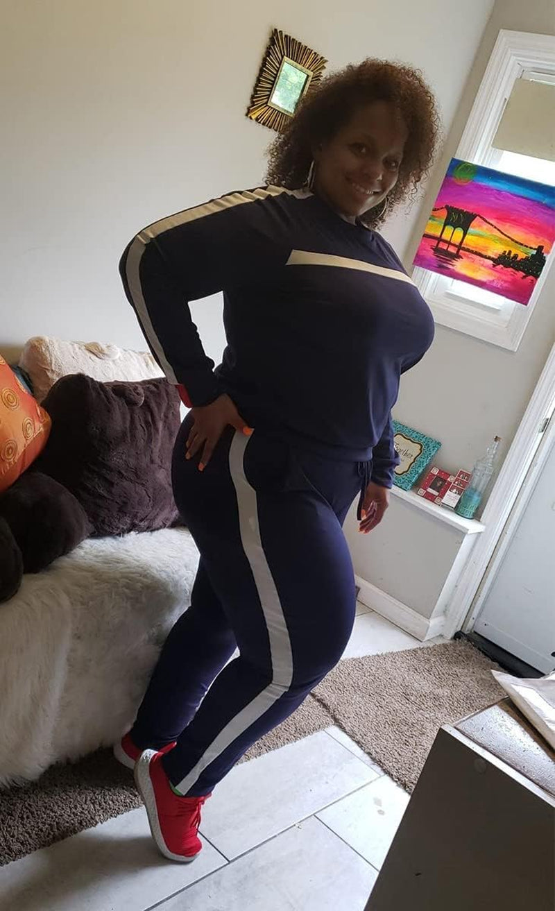 Plus Sweatsuits for Women 2PC Striped Long Sleeve Pullover Sweatshirt Long Sweatpants Tracksuits Sweatsuits Set