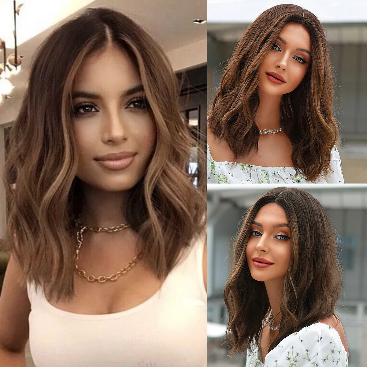 Brown Curly Synthetic Wig Short Wavy Bob Ombre Wigs Platinum Highlight Wig Daily Party Wig for Women Heat Resistant Wig