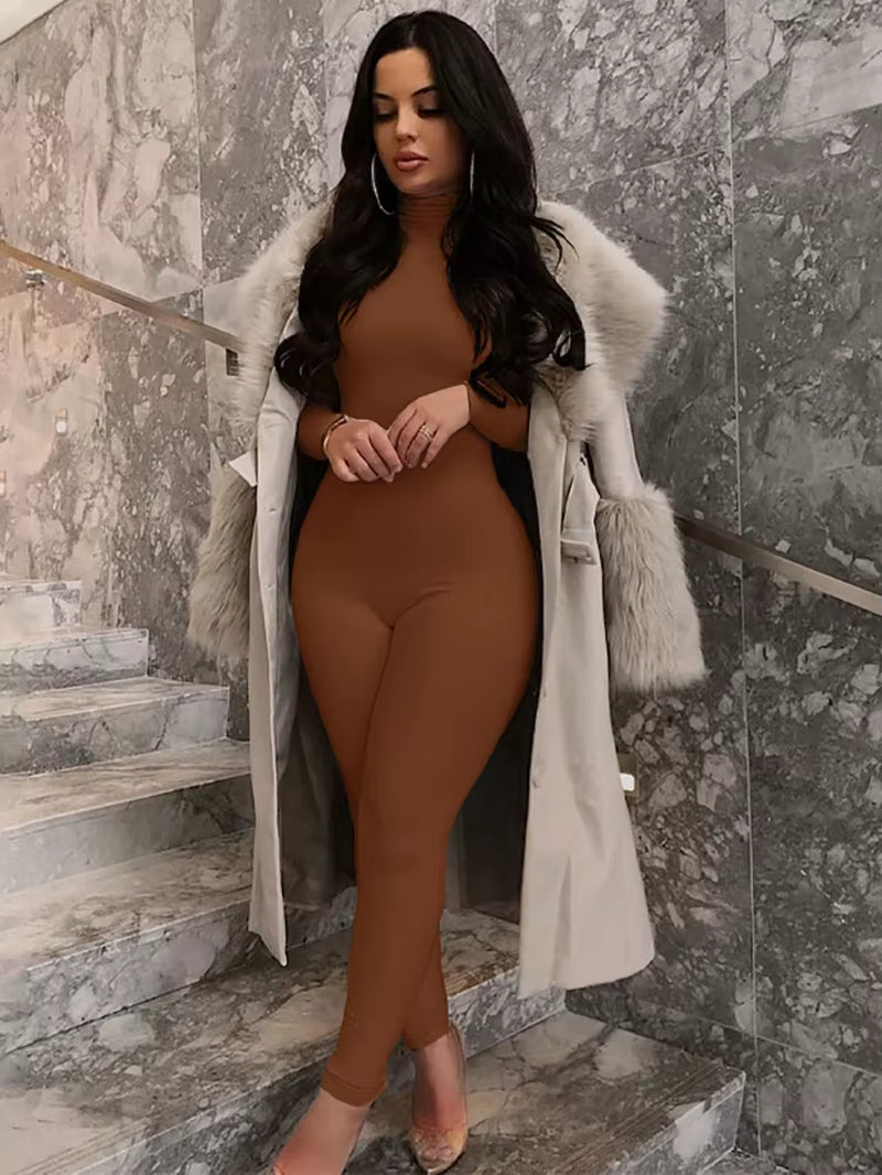 Casual Turtleneck Rompers Womens Jumpsuit Workout Solid Long Sleeve Fashion Elegant Skinny Jumpsuits Sporty Active Wear