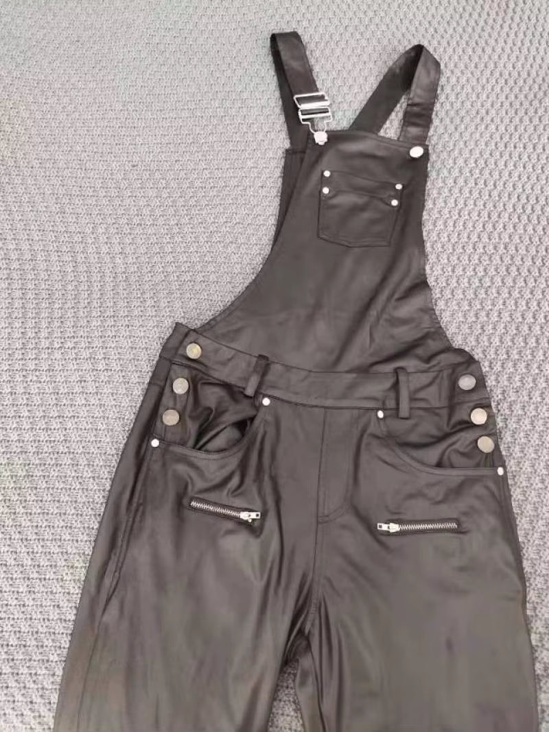 Elegant Women'S Shoulder Strap Jumpsuit Square Neck Sleeveless Pu Leather Buckle Zipper Suspender Sexy Tight Fitting Jumpsuit