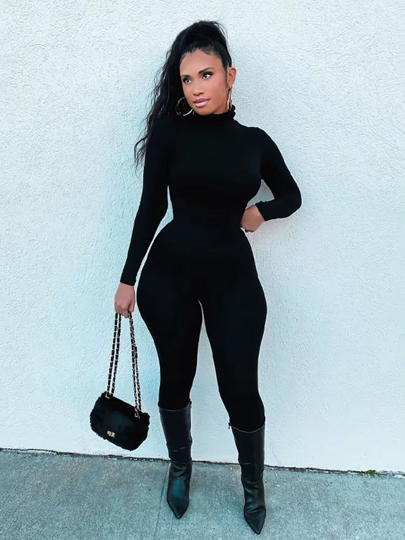 Casual Turtleneck Rompers Womens Jumpsuit Workout Solid Long Sleeve Fashion Elegant Skinny Jumpsuits Sporty Active Wear