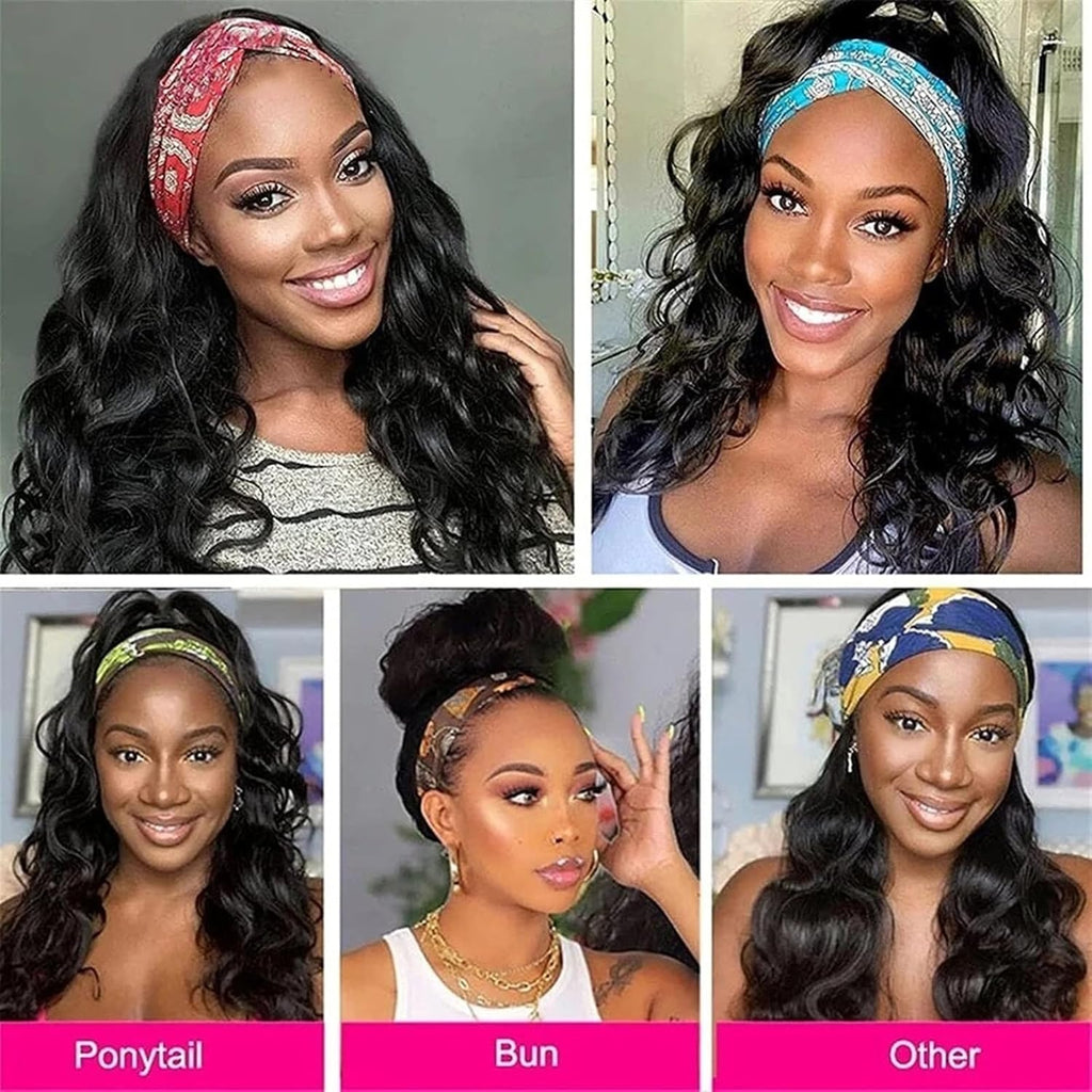 Wig for Women Headband Wig Body Wave Human Hair Wig Glueless None Lace Front Wig for Black Woman Natural Color Remy Full Machine Wear and Go Wigs 180% Density Wig(24Inches)