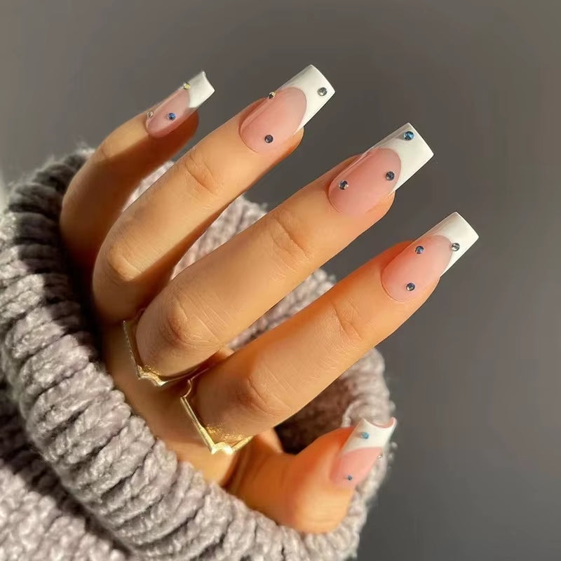 24Pcs Long Ballet French Girls Nail Art White Fake Nails Manicure Press on Nails False with Designs Artificial Wearing Reusable
