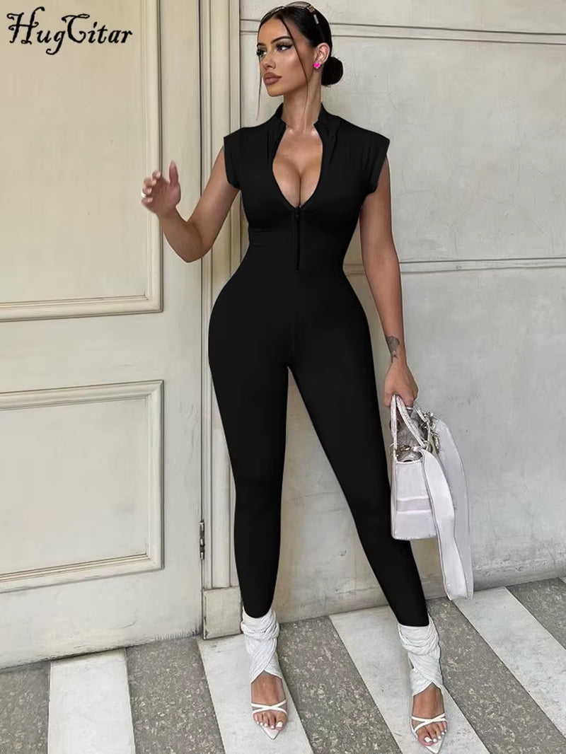 Women Fashion Sleeveless Zipper Neck Sexy Bodycon One Piece Jumpsuit 2023 Summer Streetwear Party Gym Romper Overalls