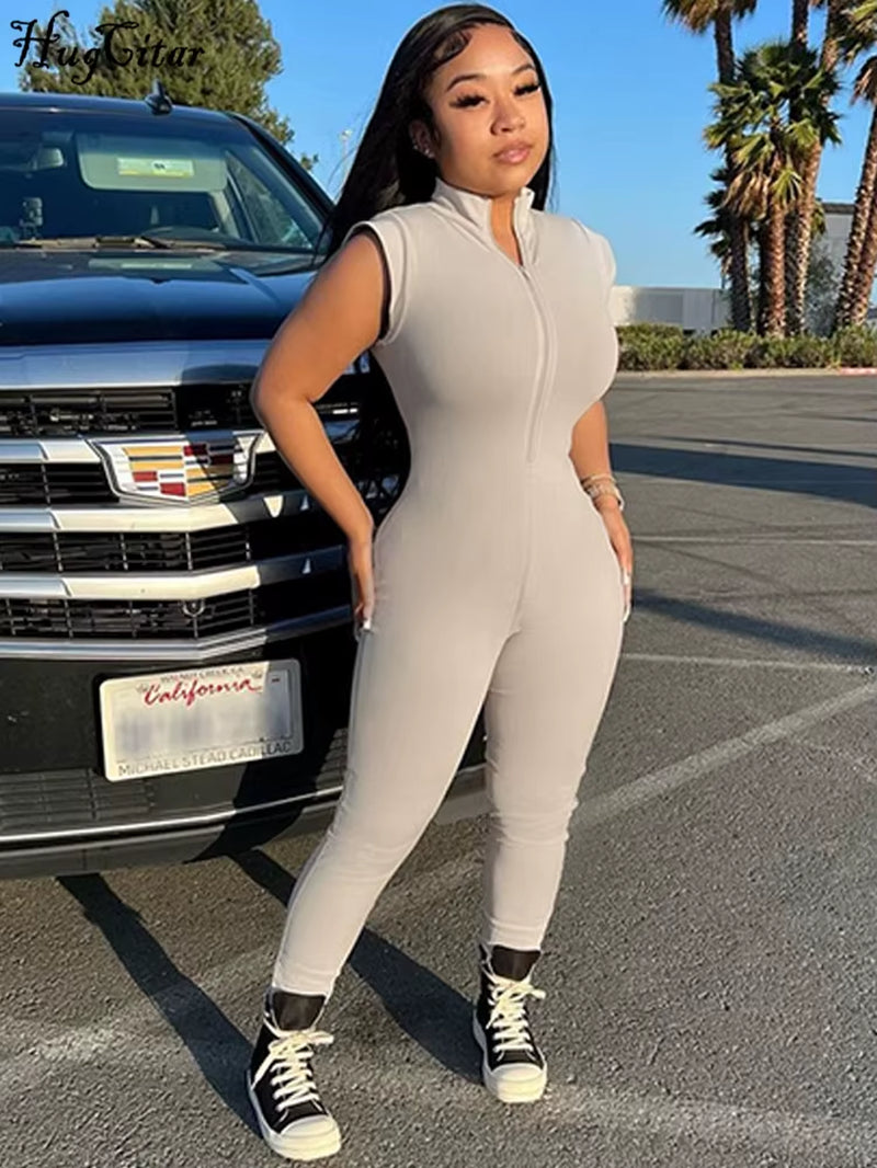 Women Fashion Sleeveless Zipper Neck Sexy Bodycon One Piece Jumpsuit 2023 Summer Streetwear Party Gym Romper Overalls