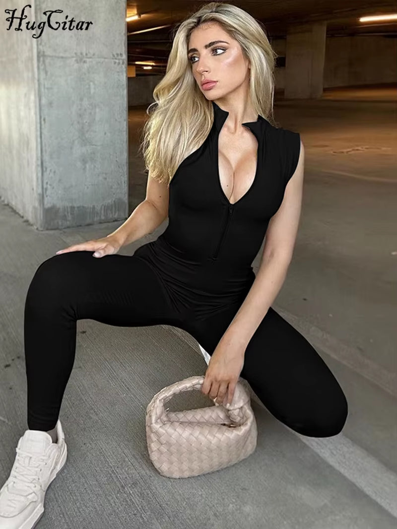 Women Fashion Sleeveless Zipper Neck Sexy Bodycon One Piece Jumpsuit 2023 Summer Streetwear Party Gym Romper Overalls