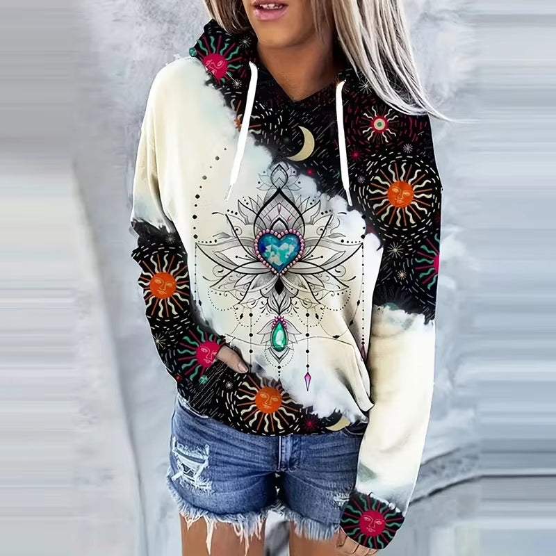 Moon Print Drawstring Hoodie Casual Long Sleeve Hooded Sweatshirt Women'S Clothing