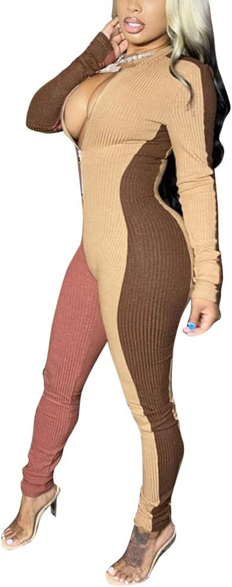 Womens Sexy Color Block Zip up Long Sleeve Bodycon Jumpsuits Clubwear Brown Size XXL