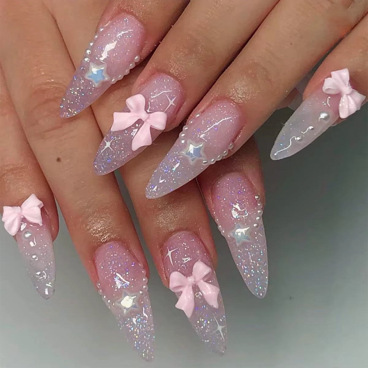 24Pcs Sweet Cat Eye French Press on Nails Diamond-Pointed Three Dimensional Bow Knot Wearable Nail for Women&Girl Almond Nail