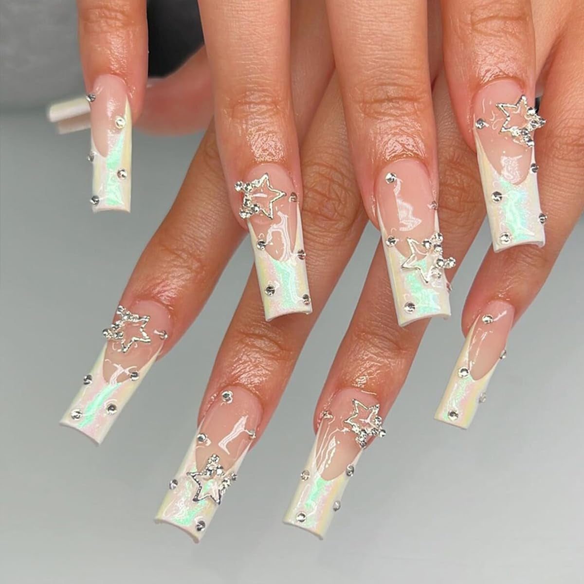 Square Press on Nails Long,French Tips Fake Nails with Rhinestones 3D Star Shiny Charms Designs Coffin False Nails White Nails Tips Artificial Nails Supplies Full Cover Glue on Nails for Women 24Pcs