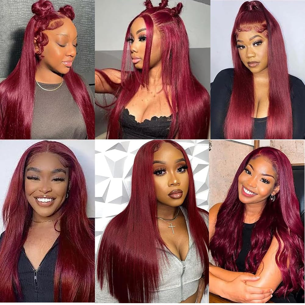 32 Inch 99J Burgundy Lace Front Wigs Human Hair 13X6.5 Straight HD Lace Front Wigs Human Hair 250% Density Glueless Straight Wigs Human Hair Pre Plucked with Baby Hair (99J Burgundy Wigs, 32 Inch)