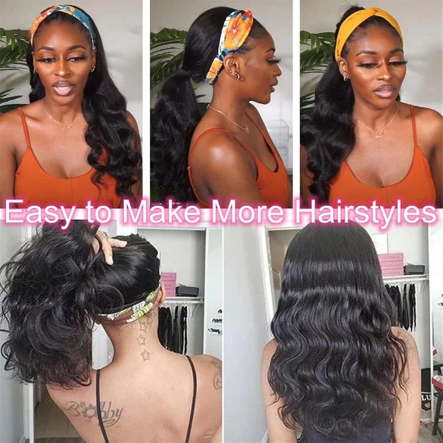 Wig for Women Headband Wig Body Wave Human Hair Wig Glueless None Lace Front Wig for Black Woman Natural Color Remy Full Machine Wear and Go Wigs 180% Density Wig(24Inches)