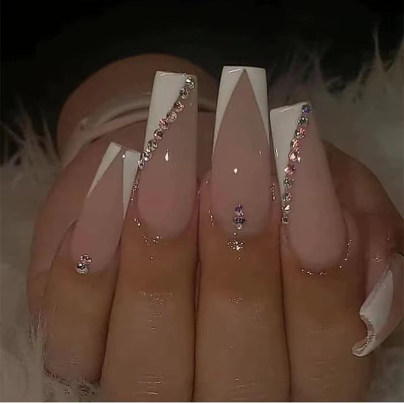 24Pcs Long Ballet French Girls Nail Art White Fake Nails Manicure Press on Nails False with Designs Artificial Wearing Reusable
