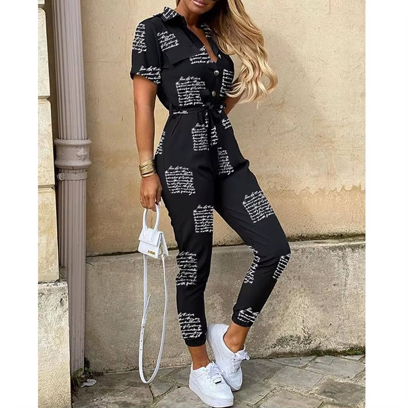Women'S Monochrome Jumpsuit 2024 Spring/Summer Comfortable Casual Flip Collar Printed Belt Work Dress Women'S Jumpsuit