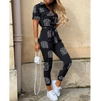 Women'S Monochrome Jumpsuit 2024 Spring/Summer Comfortable Casual Flip Collar Printed Belt Work Dress Women'S Jumpsuit
