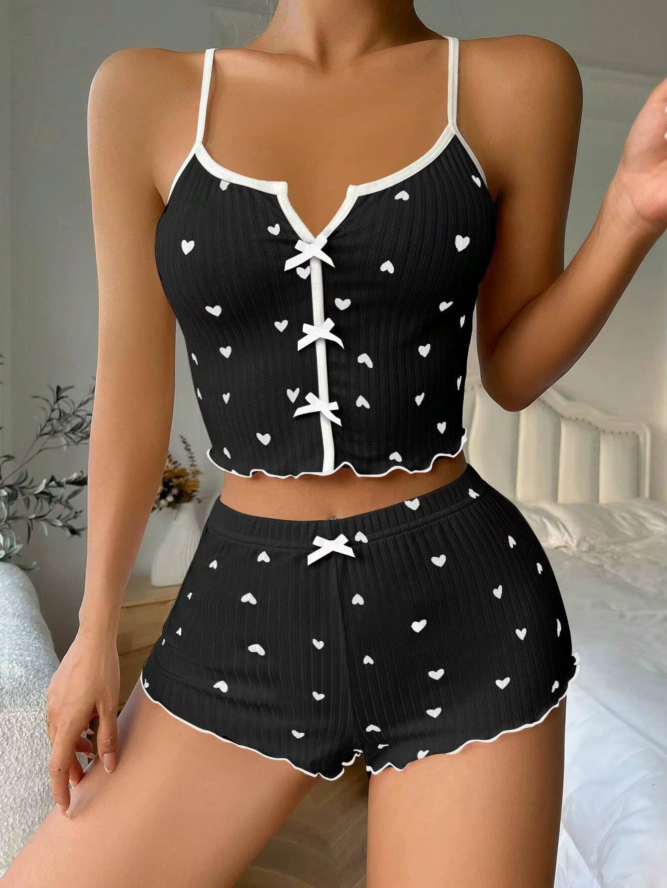 Women'S Cute Pajama Set Heart Print Lettuce Trim Bow Front Cami Top and Shorts Pj Set Soft Sleepwear