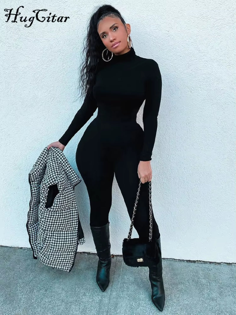 Long Sleeve Solid Turtleneck Skinny Bodycon Jumpsuit Autumn Winter Women Fashion Streetwear Casual Romper