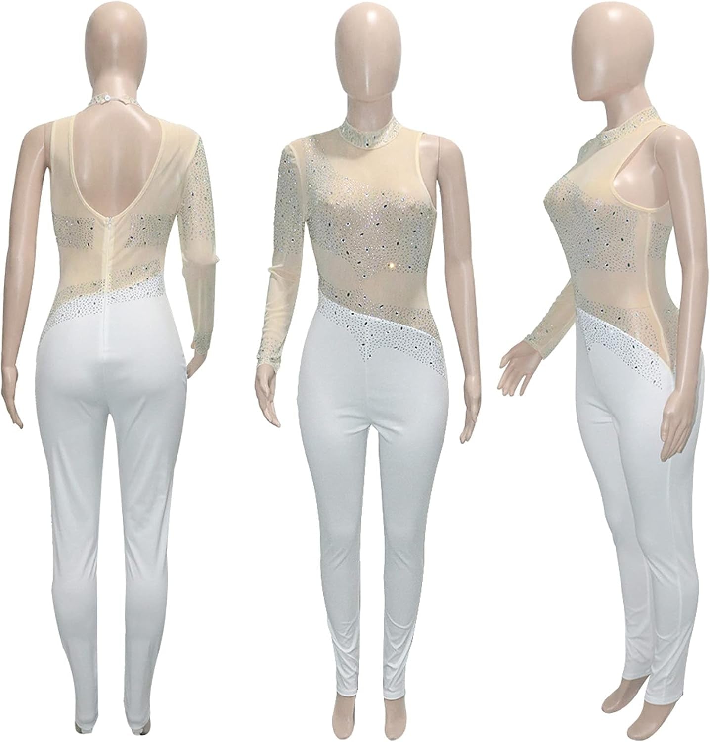 Women Sexy Sparkly Sequins Lace up Backless One Shoulder Long Sleeve Bodycon Long Jumpsuit Romper Clubwear XXL