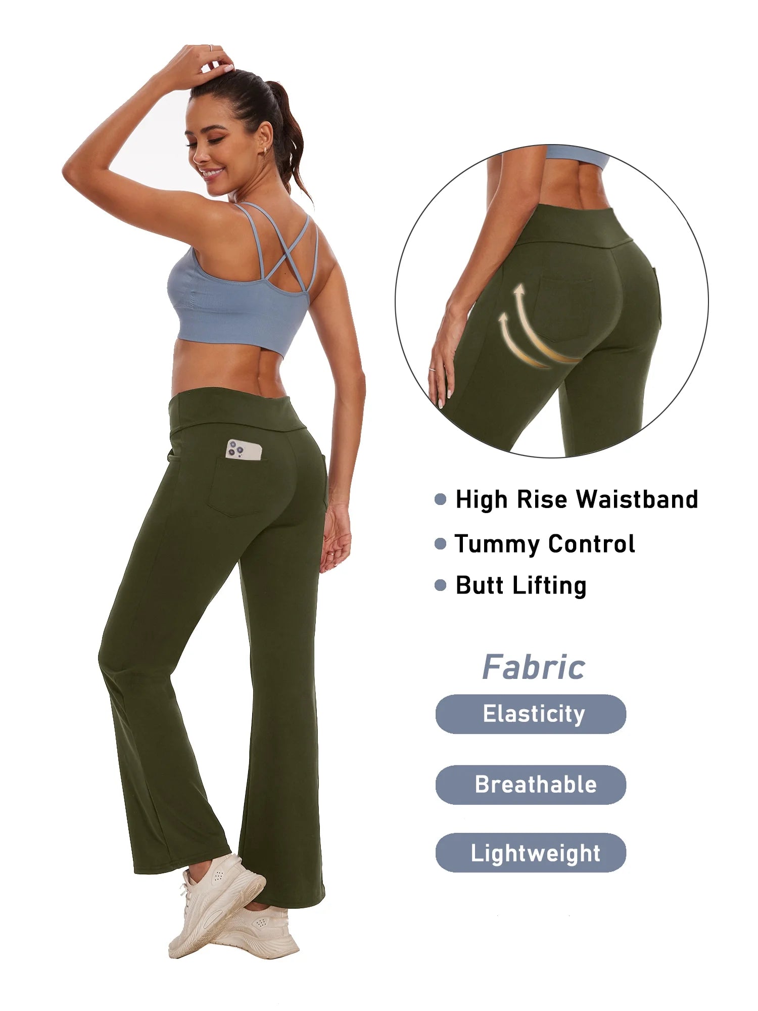 Womens Bootcut Yoga Pants with Pockets Flare Workout Legging High Waist Bootleg Bottoms Activewear Green 3XL