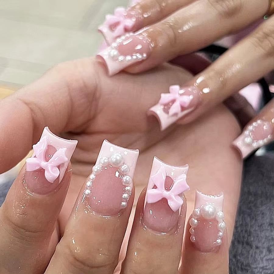 24Pcs Sweet Cat Eye French Press on Nails Diamond-Pointed Three Dimensional Bow Knot Wearable Nail for Women&Girl Almond Nail