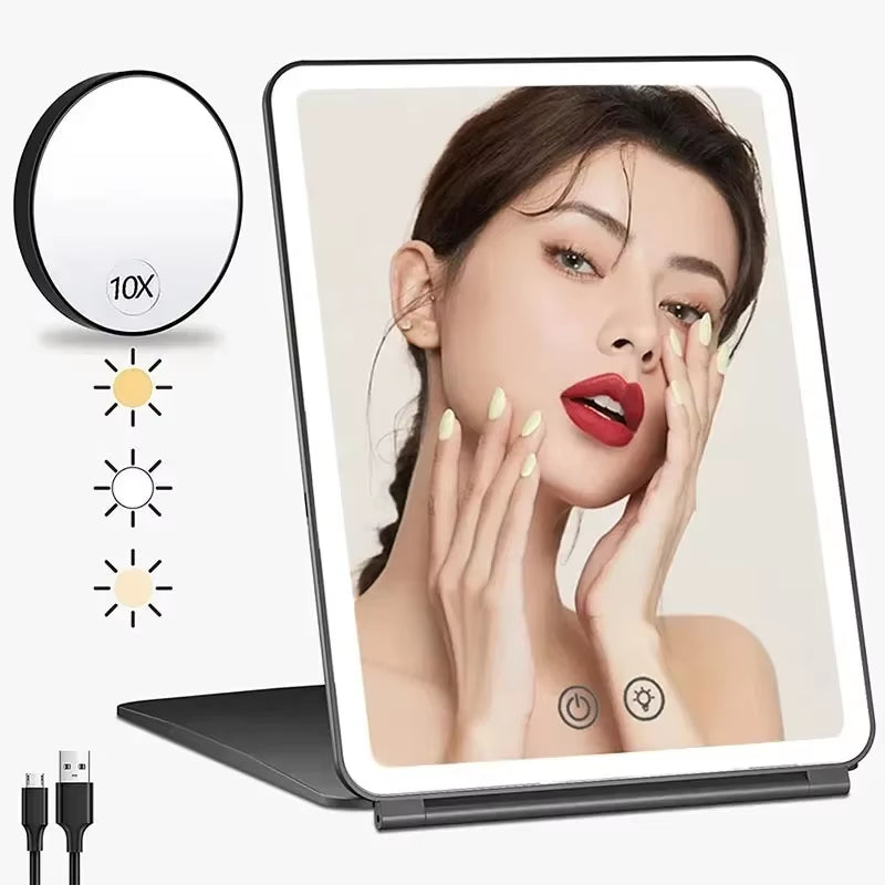 LED Makeup Mirror 10X Magnifying Mirror with Lights Portable Foldable Travel Desk Vanity Table Bath Bedroom Mirrors Makeup Tools