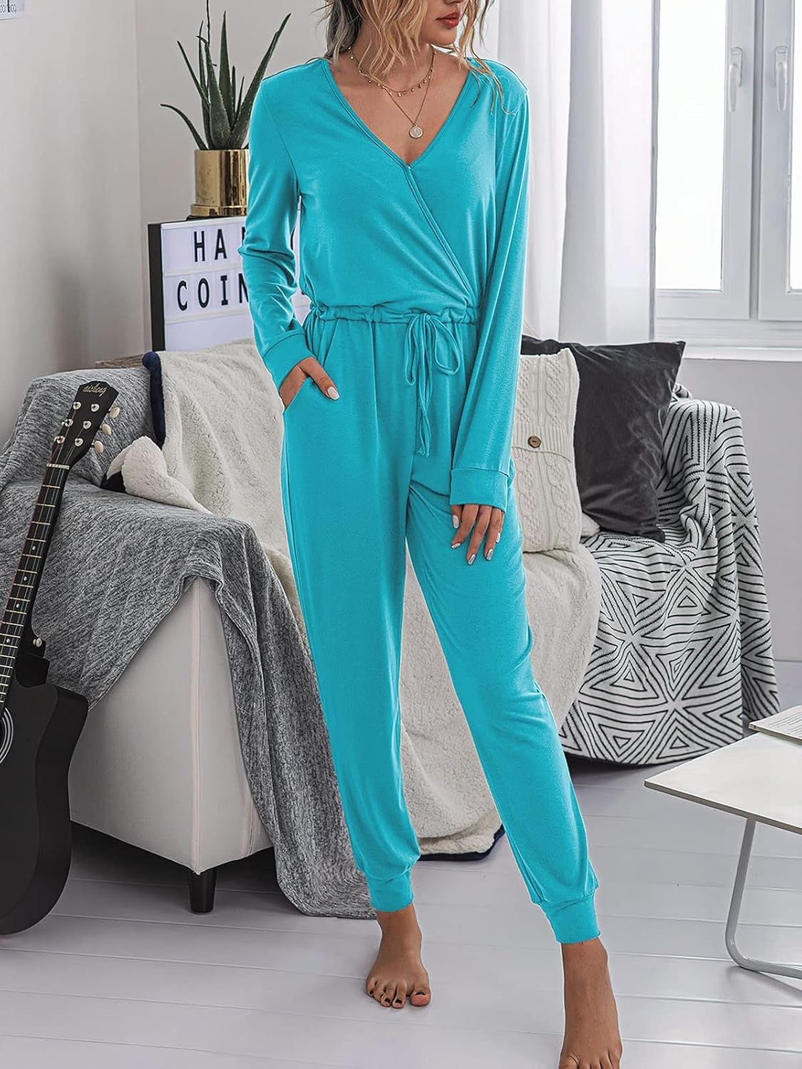 Women Jumpsuits Long Sleeve: Casual Pant Rompers for Womens V Neck Jumper One Piece Outfits with Pockets S-XXL