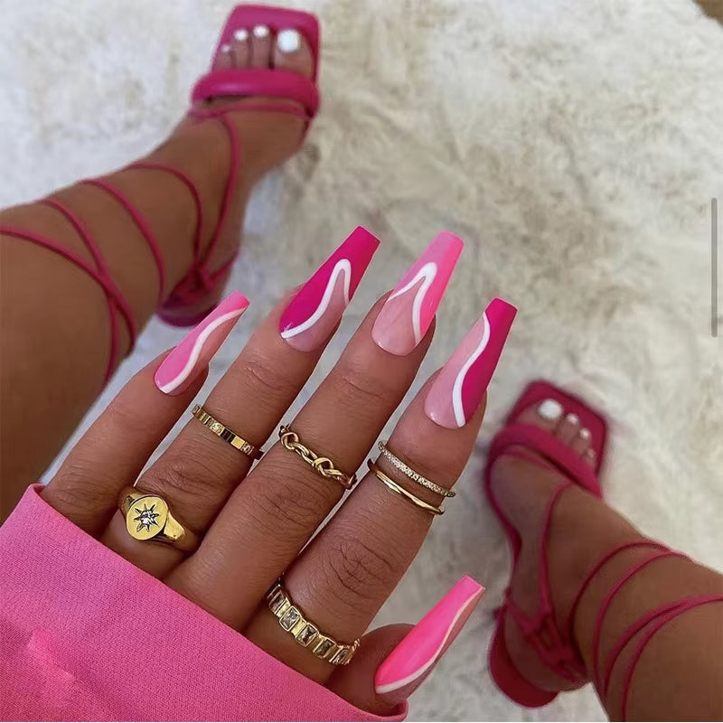 24Pcs Long Ballet French Girls Nail Art White Fake Nails Manicure Press on Nails False with Designs Artificial Wearing Reusable