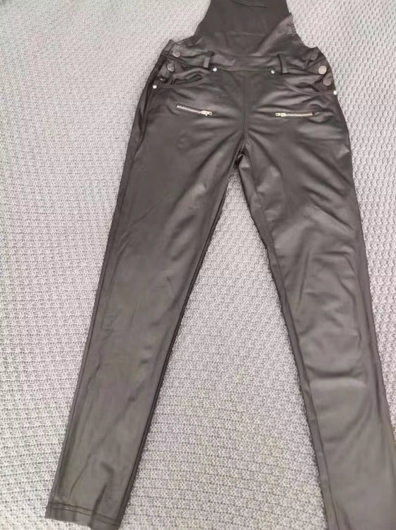 Elegant Women'S Shoulder Strap Jumpsuit Square Neck Sleeveless Pu Leather Buckle Zipper Suspender Sexy Tight Fitting Jumpsuit