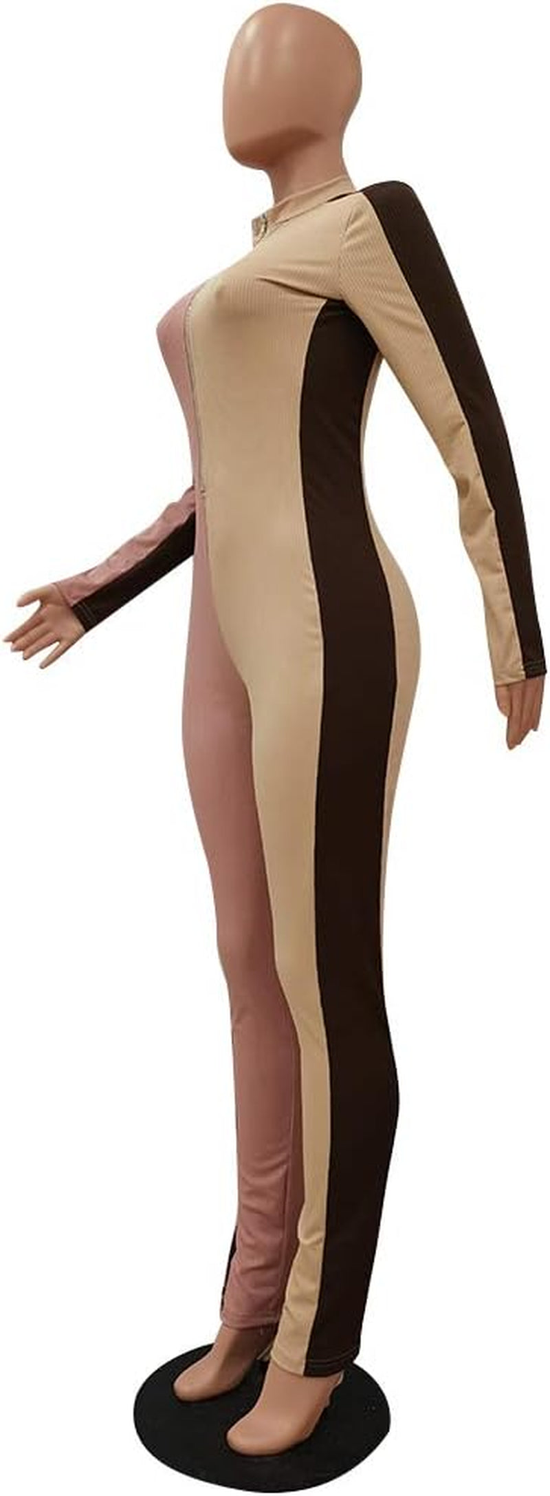 Womens Sexy Color Block Zip up Long Sleeve Bodycon Jumpsuits Clubwear Brown Size XXL