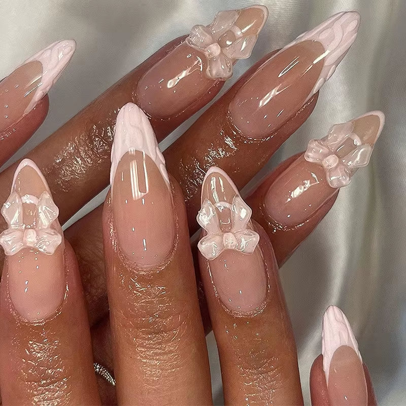 24Pcs Sweet Cat Eye French Press on Nails Diamond-Pointed Three Dimensional Bow Knot Wearable Nail for Women&Girl Almond Nail