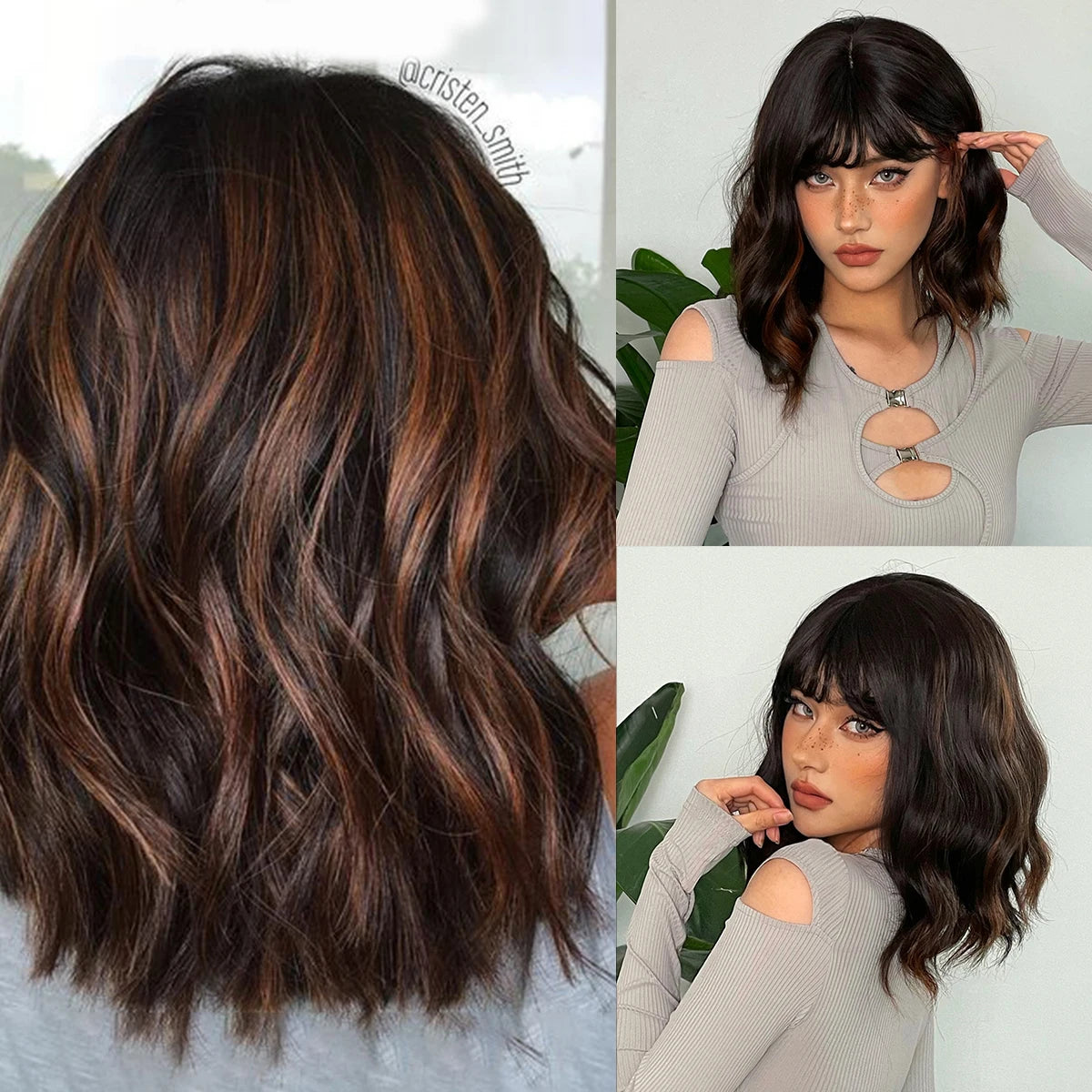 Brown Curly Synthetic Wig Short Wavy Bob Ombre Wigs Platinum Highlight Wig Daily Party Wig for Women Heat Resistant Wig