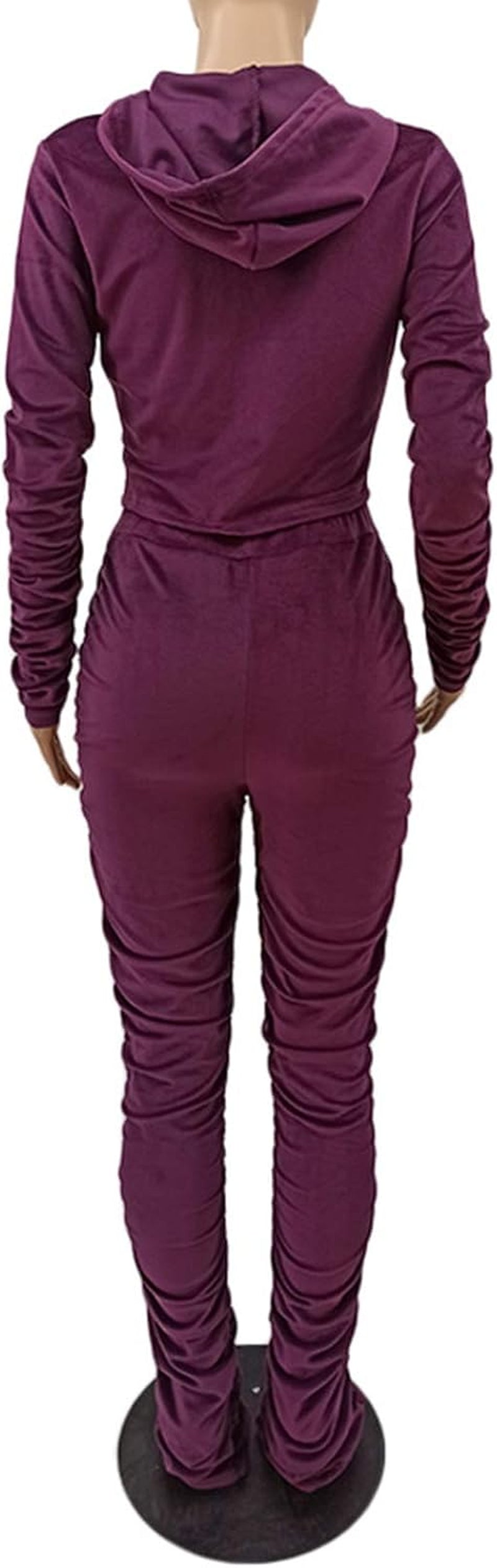 Women'S Two Piece Velour Sweatsuit Zip up Hoodie Coat Long Stacked Leggings Pants Set Tracksuit Sportwear Purple M