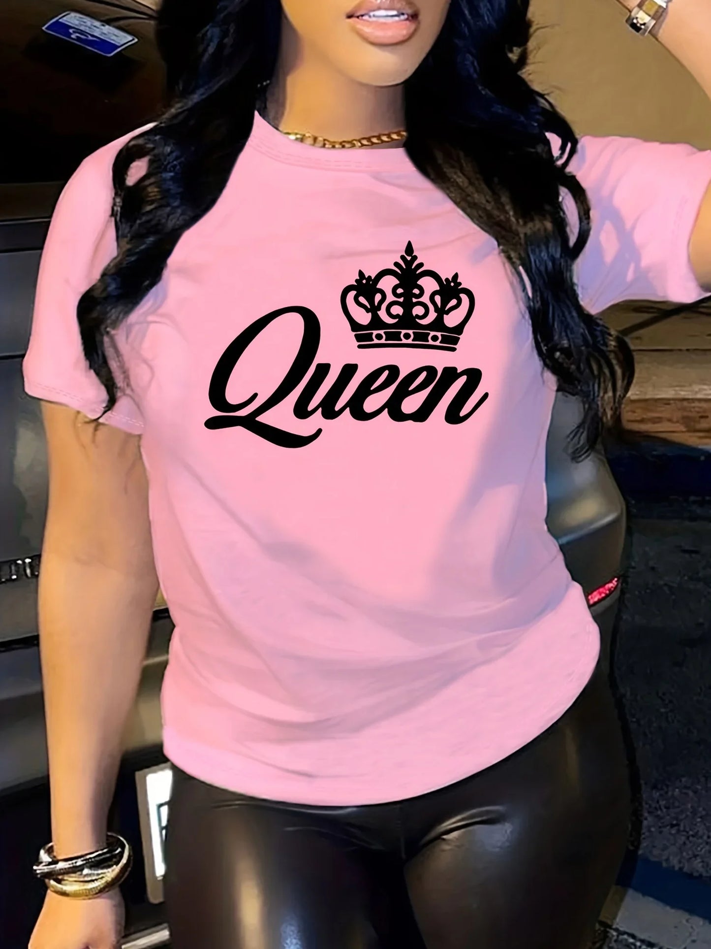 Short Sleeve Crown Letter Print Crew Neck T-Shirt for Spring & Summer Casual Women'S Clothing