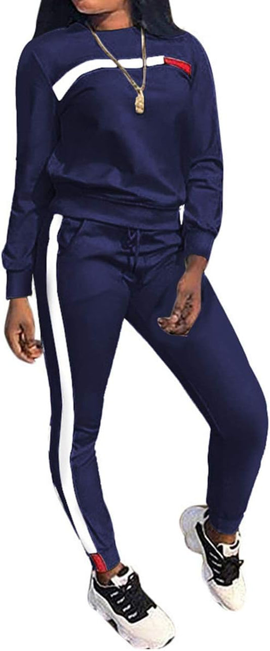 Plus Sweatsuits for Women 2PC Striped Long Sleeve Pullover Sweatshirt Long Sweatpants Tracksuits Sweatsuits Set
