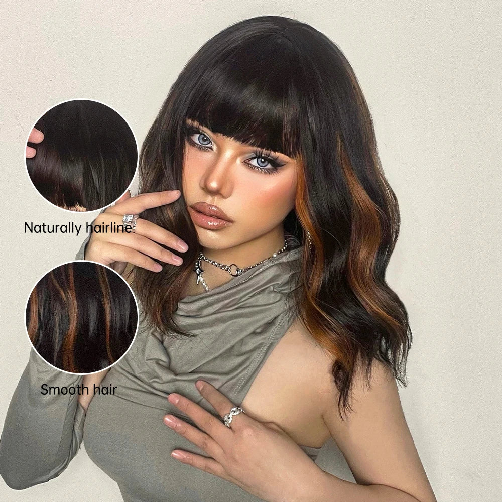 Brown Curly Synthetic Wig Short Wavy Bob Ombre Wigs Platinum Highlight Wig Daily Party Wig for Women Heat Resistant Wig