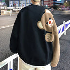 2025 Spring Harajuku Men round Neck Sweatshirt Flocking Cartoon Bear Fleece Long Sleeves Hoodies Unisex Couple Matching Outwear