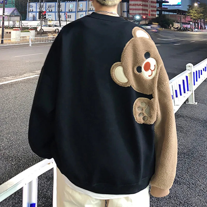 2025 Spring Harajuku Men round Neck Sweatshirt Flocking Cartoon Bear Fleece Long Sleeves Hoodies Unisex Couple Matching Outwear