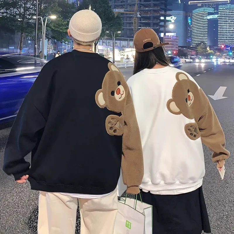 2025 Spring Harajuku Men round Neck Sweatshirt Flocking Cartoon Bear Fleece Long Sleeves Hoodies Unisex Couple Matching Outwear