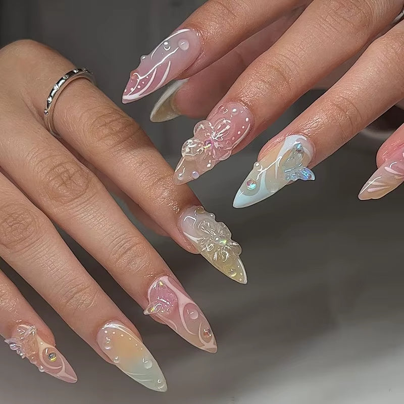 24Pcs Sweet Cat Eye French Press on Nails Diamond-Pointed Three Dimensional Bow Knot Wearable Nail for Women&Girl Almond Nail