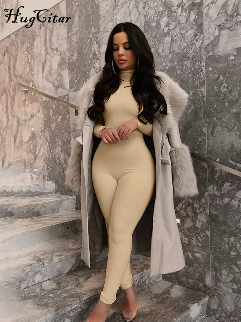 Long Sleeve Solid Turtleneck Skinny Bodycon Jumpsuit Autumn Winter Women Fashion Streetwear Casual Romper