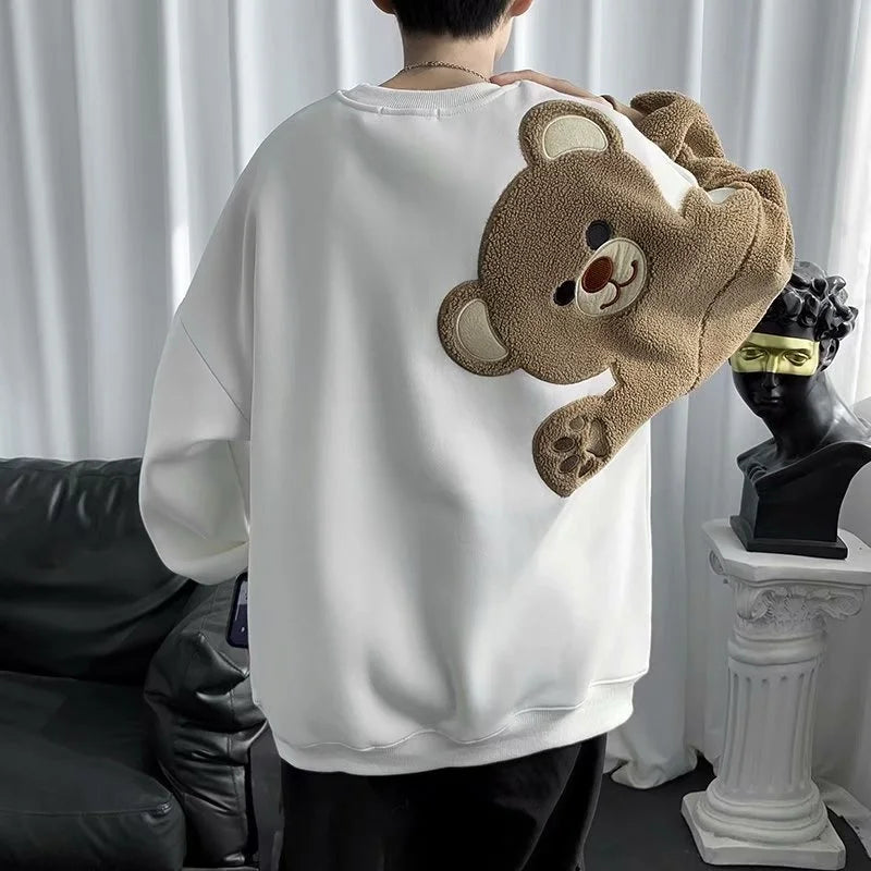 2025 Spring Harajuku Men round Neck Sweatshirt Flocking Cartoon Bear Fleece Long Sleeves Hoodies Unisex Couple Matching Outwear