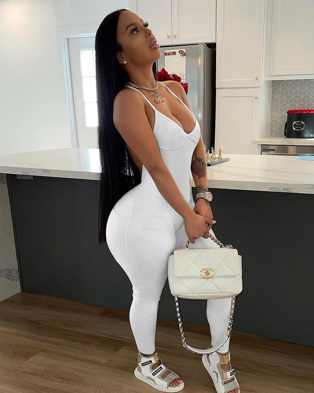 Womens Sexy Ribbed Bodycon One Piece Jumpsuits Summer Cute Backless Sleeveless Long Pants Rompers Party Club Outfits White L