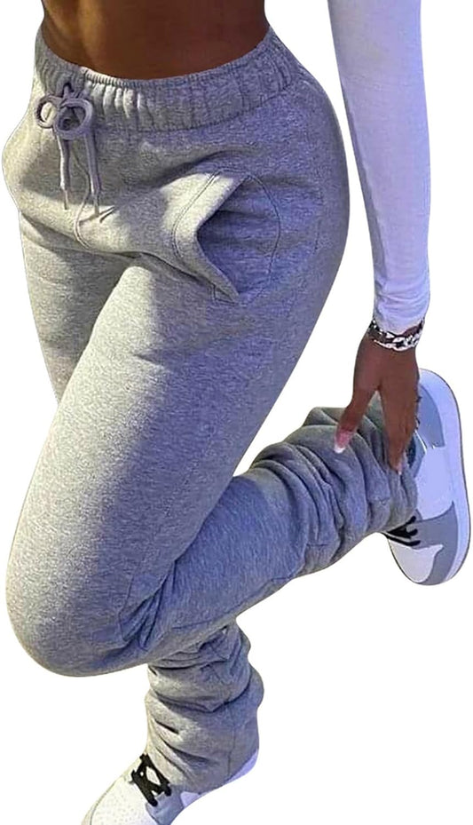 Women Stacked Sweatpants Thick Warm Fleece Lined Pants Drawstring Waist Ruched Active Joggers