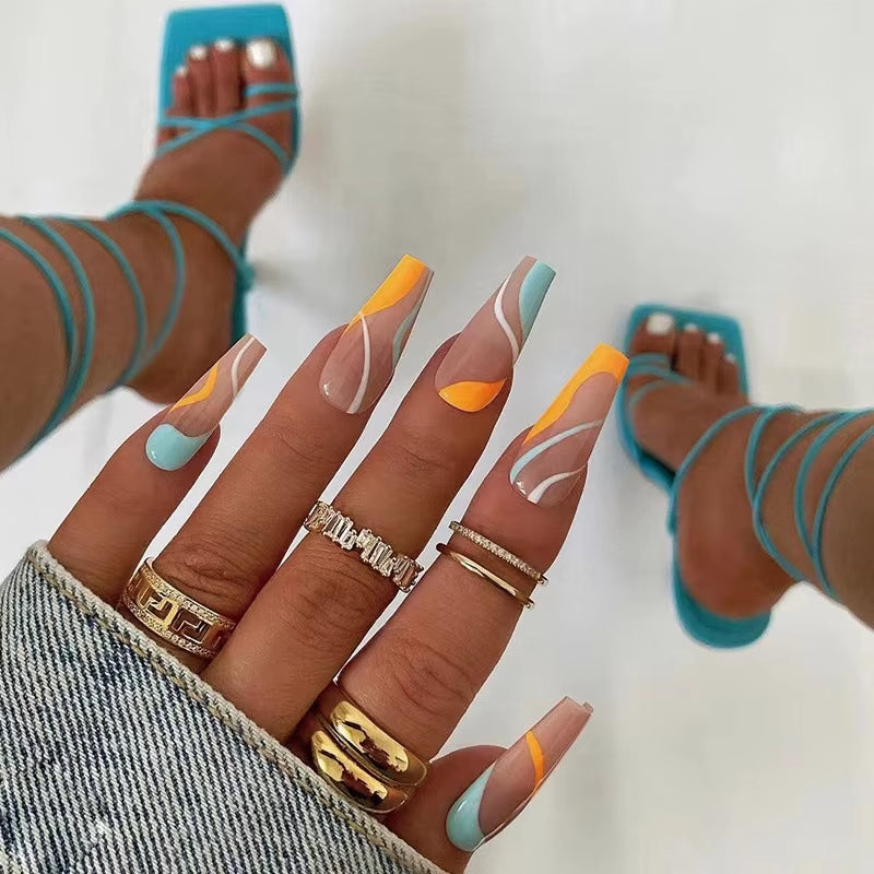 24Pcs Long Ballet French Girls Nail Art White Fake Nails Manicure Press on Nails False with Designs Artificial Wearing Reusable