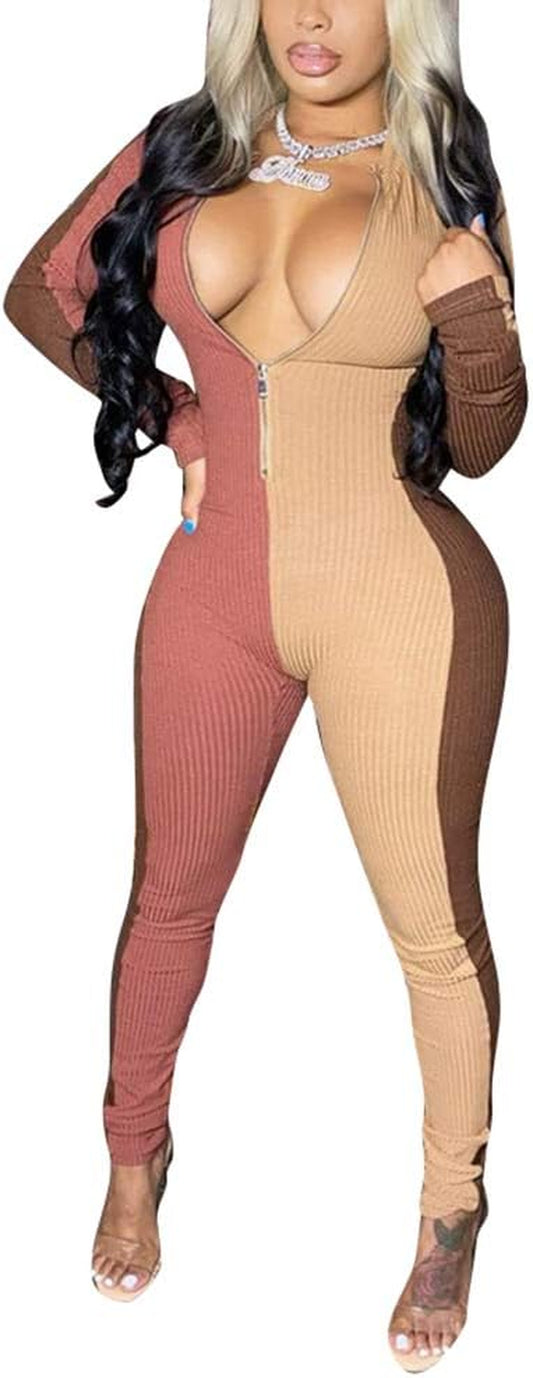Womens Sexy Color Block Zip up Long Sleeve Bodycon Jumpsuits Clubwear Brown Size XXL